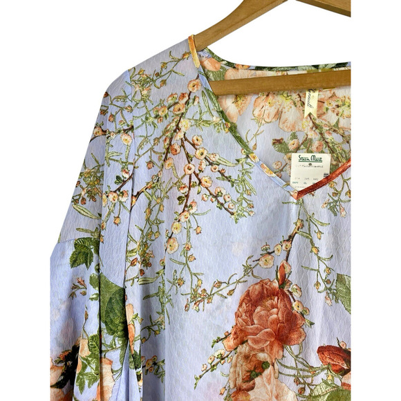 Chenault Blouse Top Light Blue Romantic Rose Floral Bell Sleeve Cottage Large - Picture 5 of 12